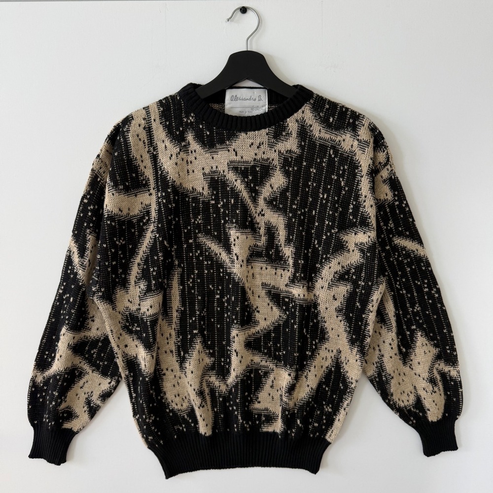 Vintage Alessandro B for Reunion Mens M Abstract Knit Sweater Made in Italy Tan
